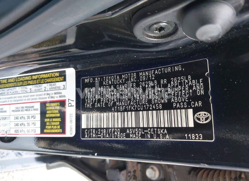 Photo 9 of 2012 Toyota Camry SE (VIN 4T1BF1FK7CU172458)