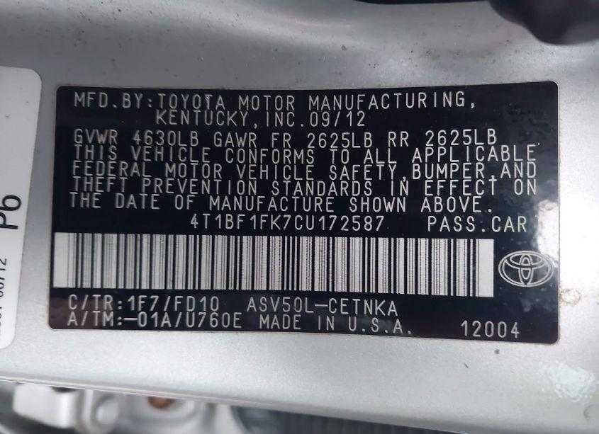 Photo 9 of 2012 Toyota Camry LE (VIN 4T1BF1FK7CU172587)