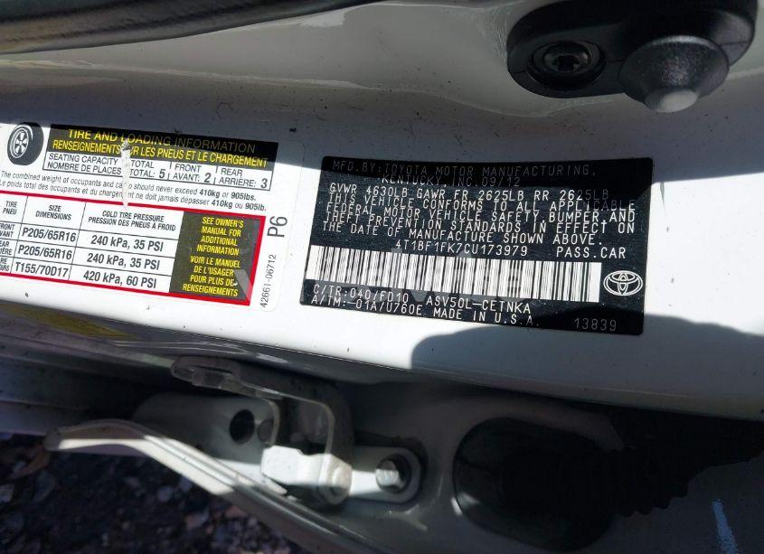 Photo 9 of 2012 Toyota Camry LE (VIN 4T1BF1FK7CU173979)