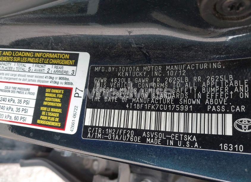 Photo 9 of 2012 Toyota Camry SE (VIN 4T1BF1FK7CU175991)