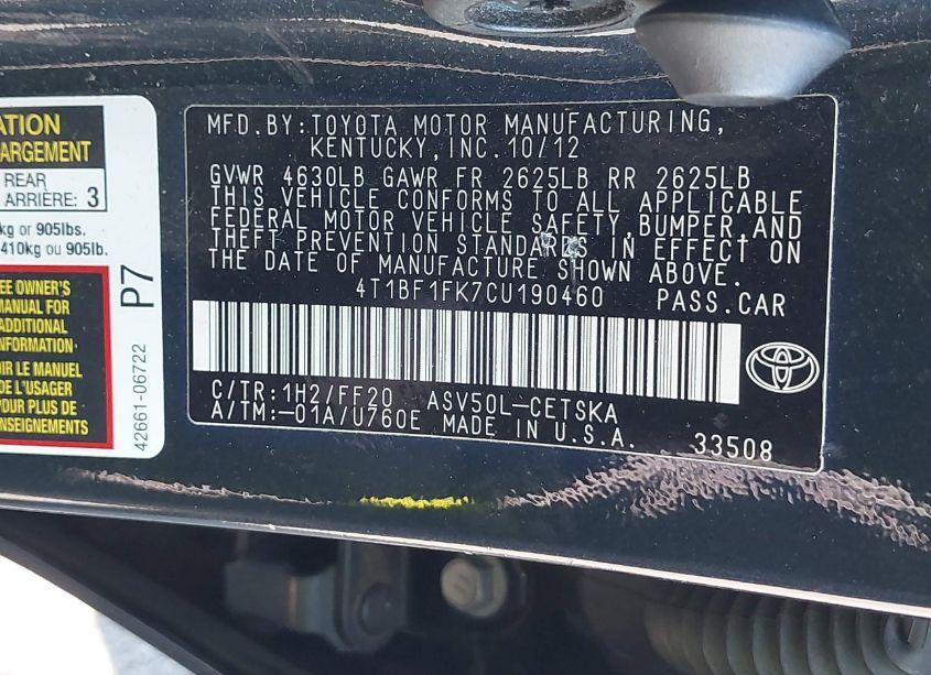 Photo 9 of 2012 Toyota Camry SE (VIN 4T1BF1FK7CU190460)