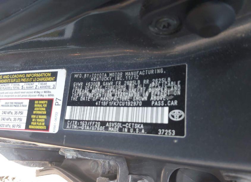 Photo 9 of 2012 Toyota Camry SE (VIN 4T1BF1FK7CU192970)