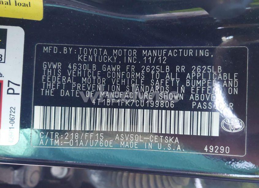 Photo 9 of 2012 Toyota Camry SE (VIN 4T1BF1FK7CU199806)