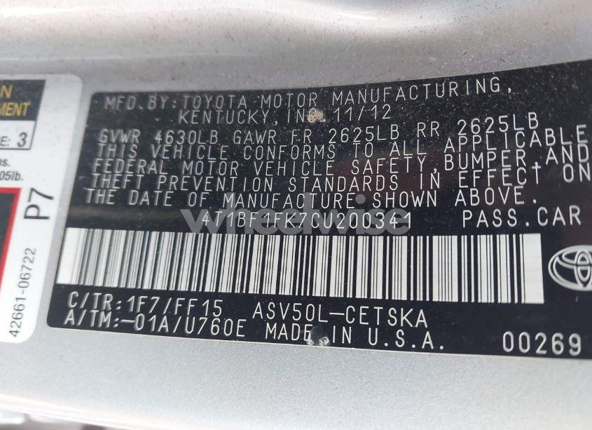 Photo 9 of 2012 Toyota Camry SE (VIN 4T1BF1FK7CU200341)