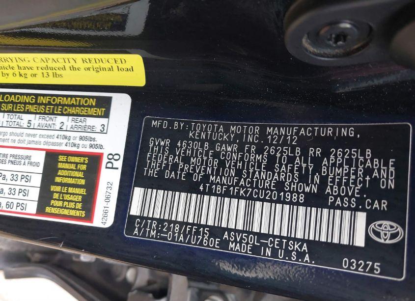 Photo 9 of 2012 Toyota Camry SE LIMITED EDITION (VIN 4T1BF1FK7CU201988)