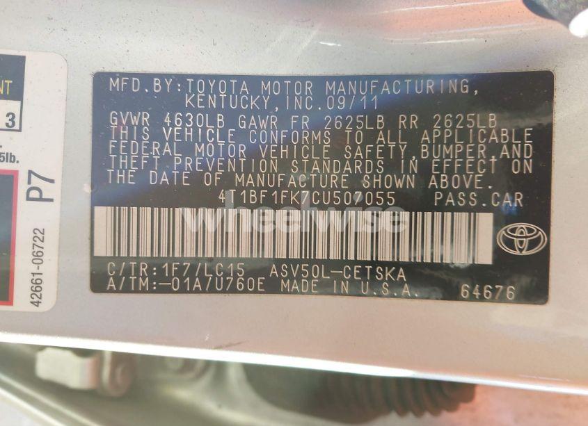 Photo 9 of 2012 Toyota Camry SE (VIN 4T1BF1FK7CU507055)