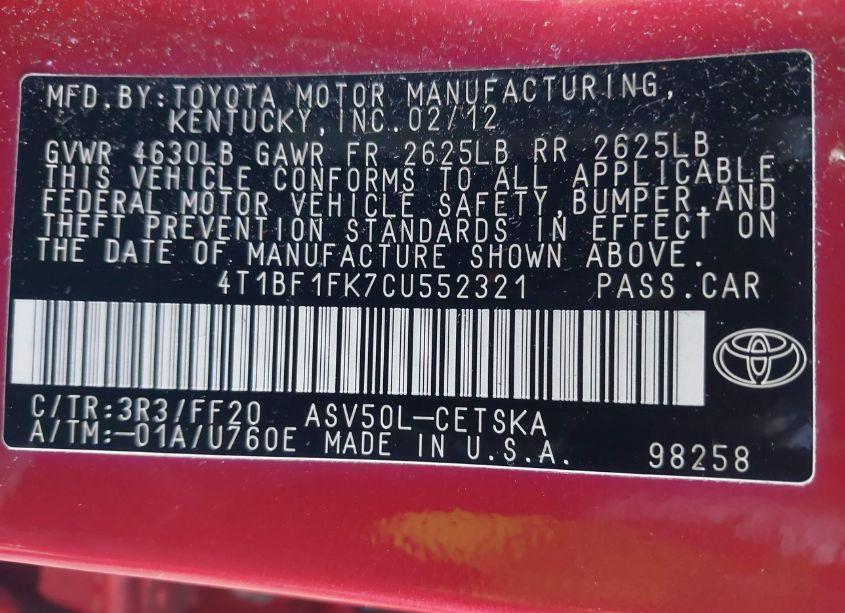 Photo 9 of 2012 Toyota Camry SE (VIN 4T1BF1FK7CU552321)