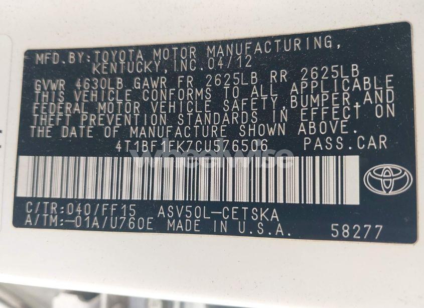 Photo 9 of 2012 Toyota Camry SE (VIN 4T1BF1FK7CU576506)