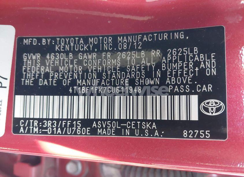 Photo 9 of 2012 Toyota Camry SE (VIN 4T1BF1FK7CU611948)