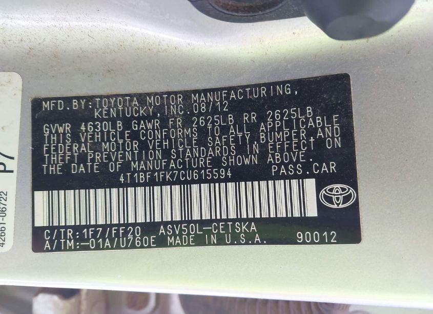 Photo 9 of 2012 Toyota Camry SE (VIN 4T1BF1FK7CU615594)