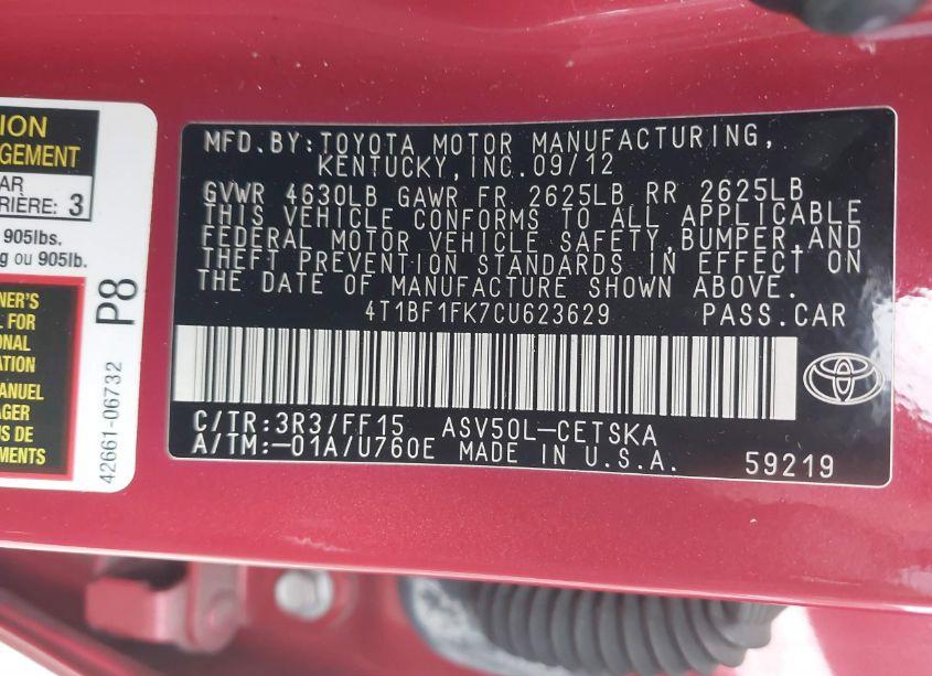 Photo 9 of 2012 Toyota Camry SE LIMITED EDITION (VIN 4T1BF1FK7CU623629)