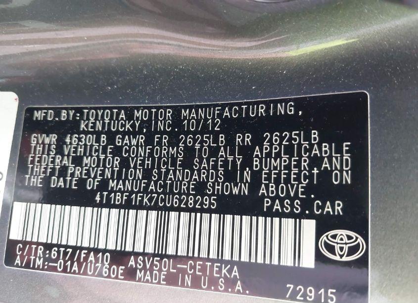 Photo 9 of 2012 Toyota Camry L (VIN 4T1BF1FK7CU628295)
