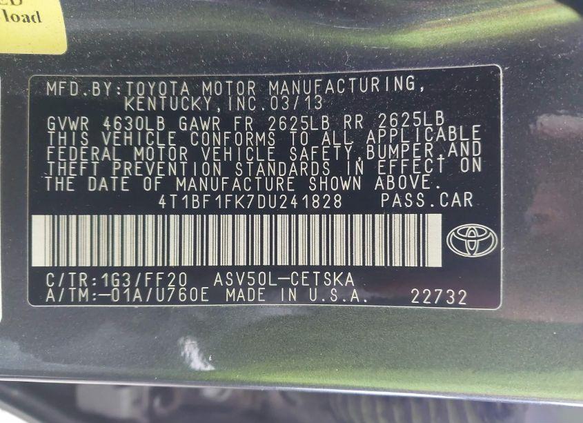 Photo 9 of 2013 Toyota Camry SE (VIN 4T1BF1FK7DU241828)