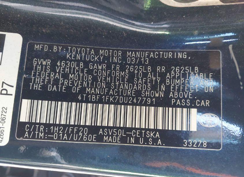 Photo 9 of 2013 Toyota Camry SE (VIN 4T1BF1FK7DU247791)