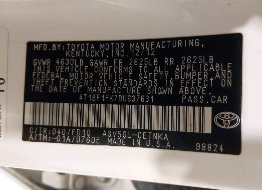 Photo 9 of 2013 Toyota Camry LE (VIN 4T1BF1FK7DU637631)