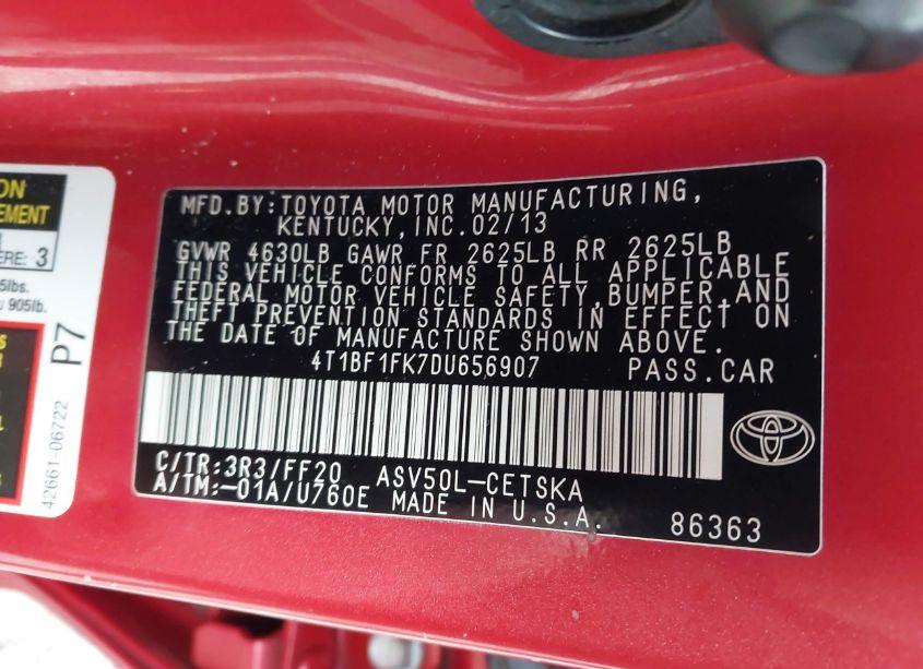 Photo 9 of 2013 Toyota Camry SE (VIN 4T1BF1FK7DU656907)