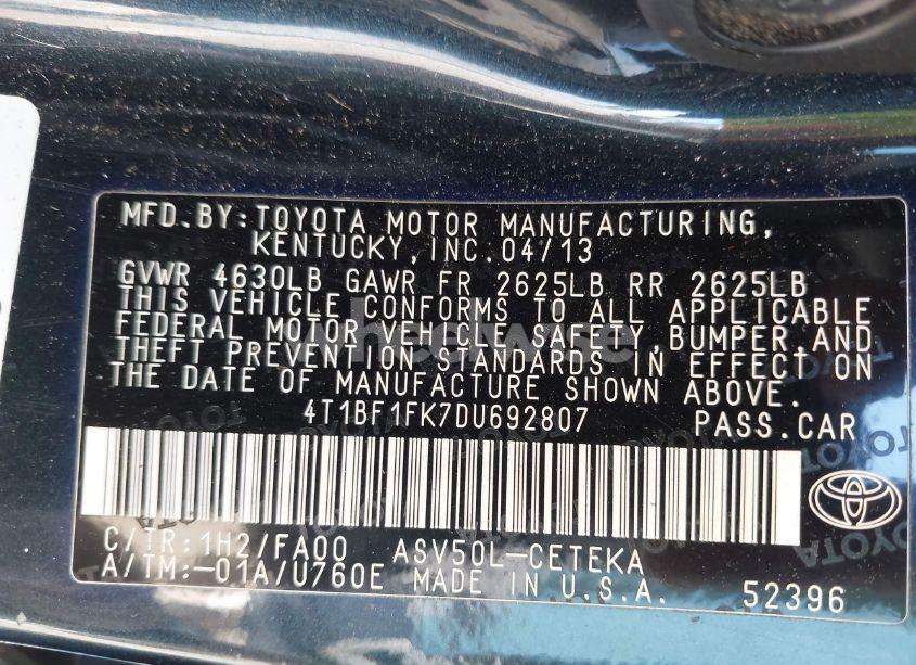 Photo 9 of 2013 Toyota Camry L (VIN 4T1BF1FK7DU692807)