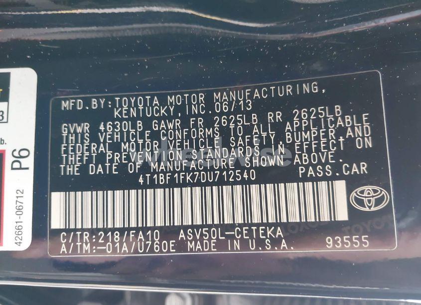 Photo 9 of 2013 Toyota Camry L (VIN 4T1BF1FK7DU712540)