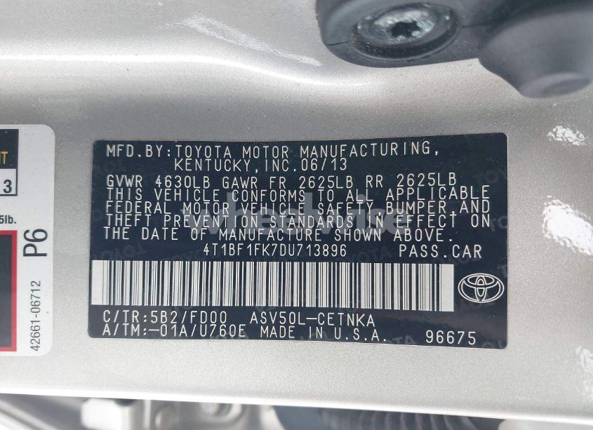 Photo 9 of 2013 Toyota Camry LE (VIN 4T1BF1FK7DU713896)