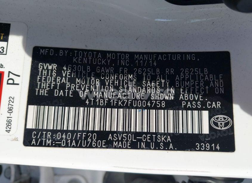 Photo 9 of 2015 Toyota Camry SE (VIN 4T1BF1FK7FU004758)