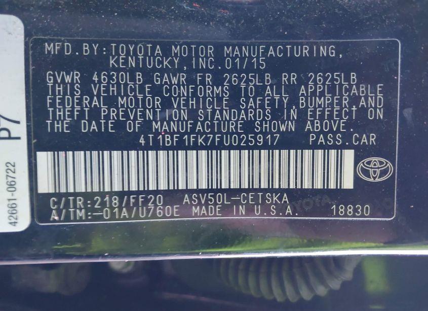 Photo 9 of 2015 Toyota Camry SE (VIN 4T1BF1FK7FU025917)