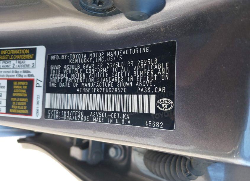 Photo 9 of 2015 Toyota Camry SE (VIN 4T1BF1FK7FU078570)