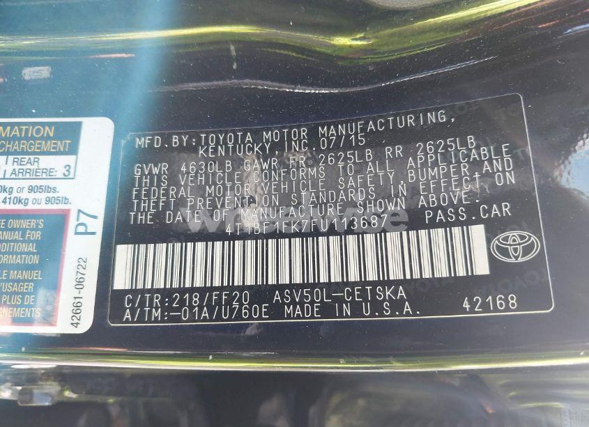 Photo 9 of 2015 Toyota Camry SE (VIN 4T1BF1FK7FU113687)