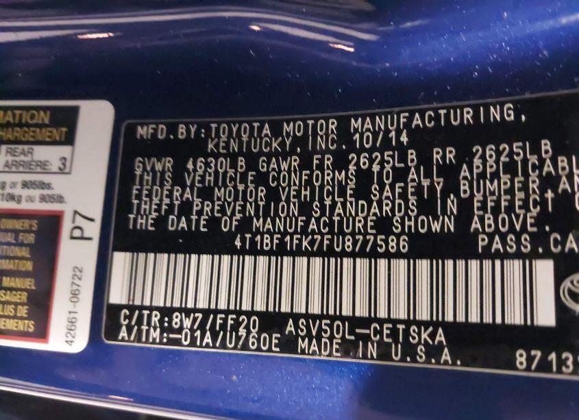 Photo 9 of 2015 Toyota Camry SE (VIN 4T1BF1FK7FU877586)