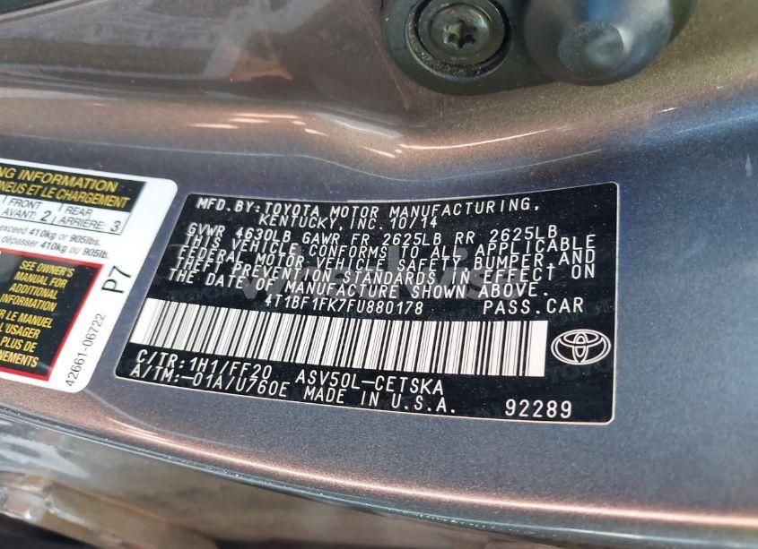 Photo 9 of 2015 Toyota Camry SE (VIN 4T1BF1FK7FU880178)