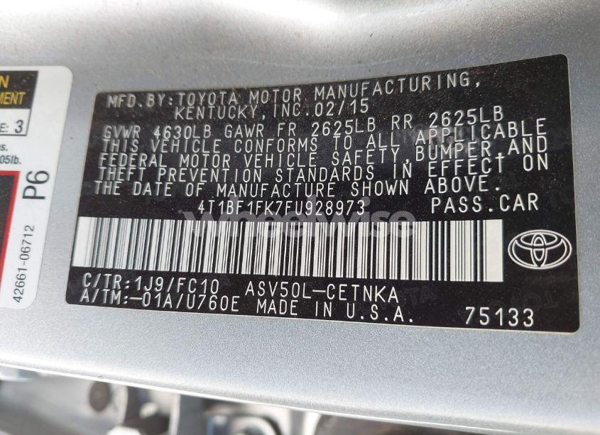 Photo 9 of 2015 Toyota Camry LE (VIN 4T1BF1FK7FU928973)