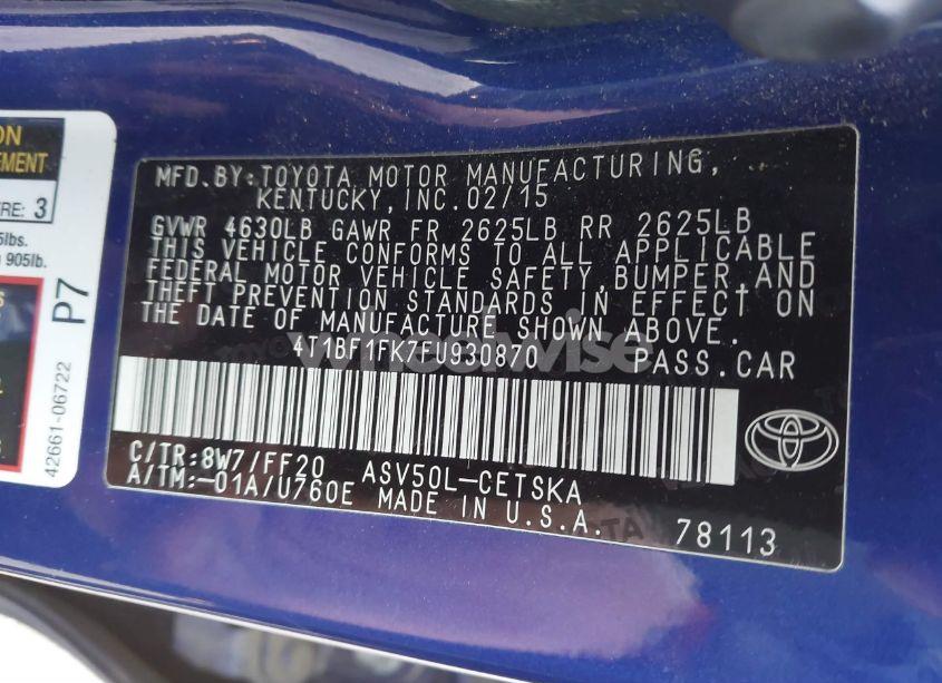 Photo 9 of 2015 Toyota Camry SE (VIN 4T1BF1FK7FU930870)