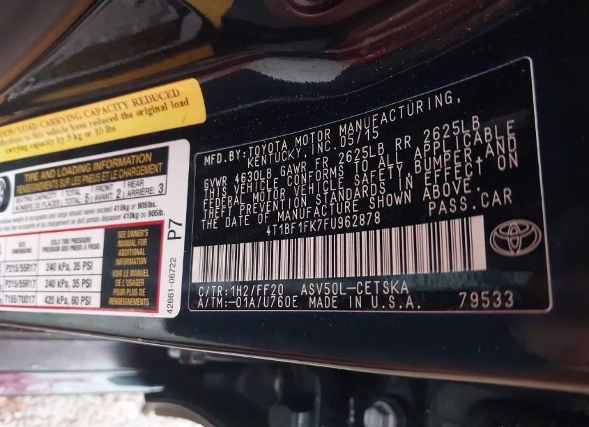 Photo 9 of 2015 Toyota Camry SE (VIN 4T1BF1FK7FU962878)