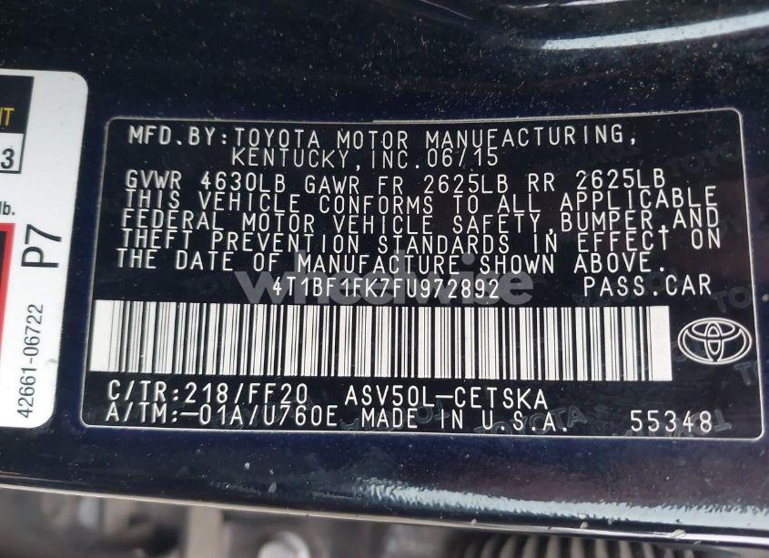 Photo 9 of 2015 Toyota Camry SE (VIN 4T1BF1FK7FU972892)