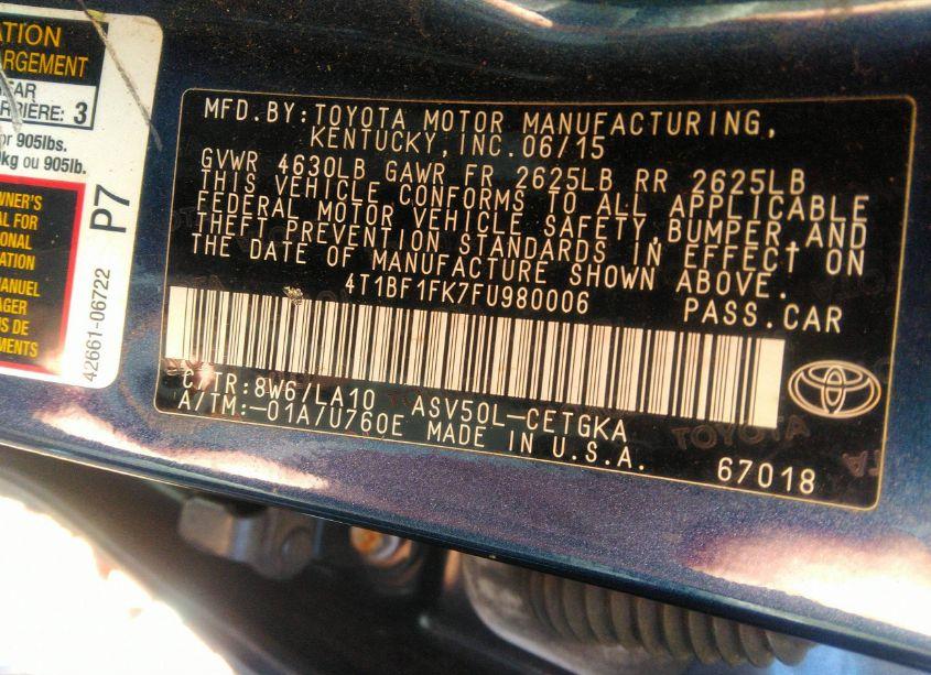 Photo 9 of 2015 Toyota Camry XLE (VIN 4T1BF1FK7FU980006)