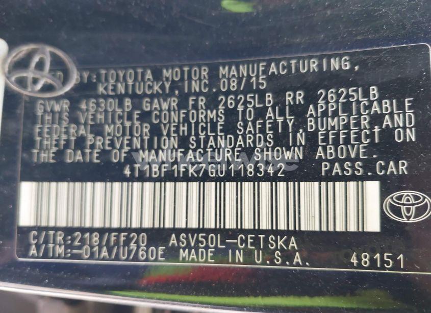 Photo 9 of 2016 Toyota Camry SE (VIN 4T1BF1FK7GU118342)