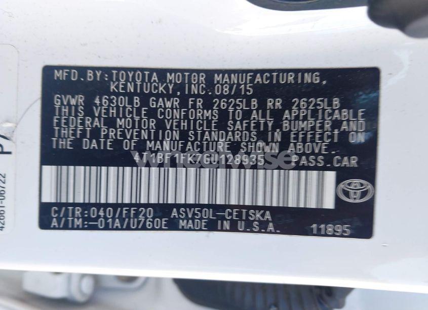 Photo 9 of 2016 Toyota Camry SE (VIN 4T1BF1FK7GU128935)