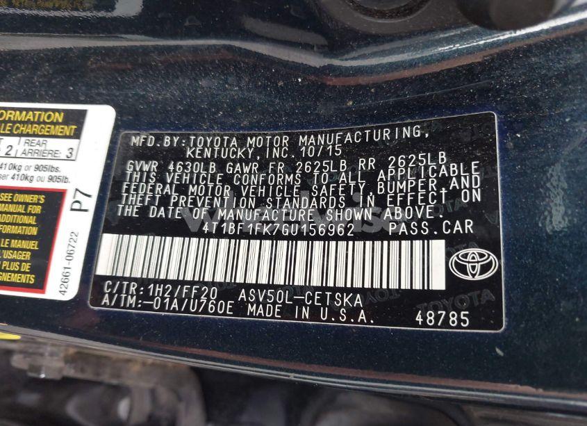 Photo 9 of 2016 Toyota Camry SE (VIN 4T1BF1FK7GU156962)