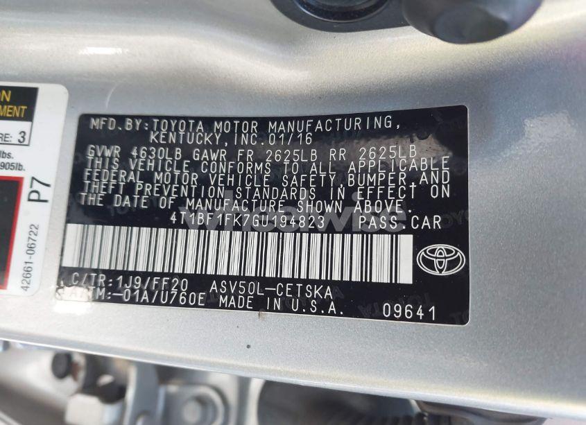 Photo 9 of 2016 Toyota Camry SE (VIN 4T1BF1FK7GU194823)