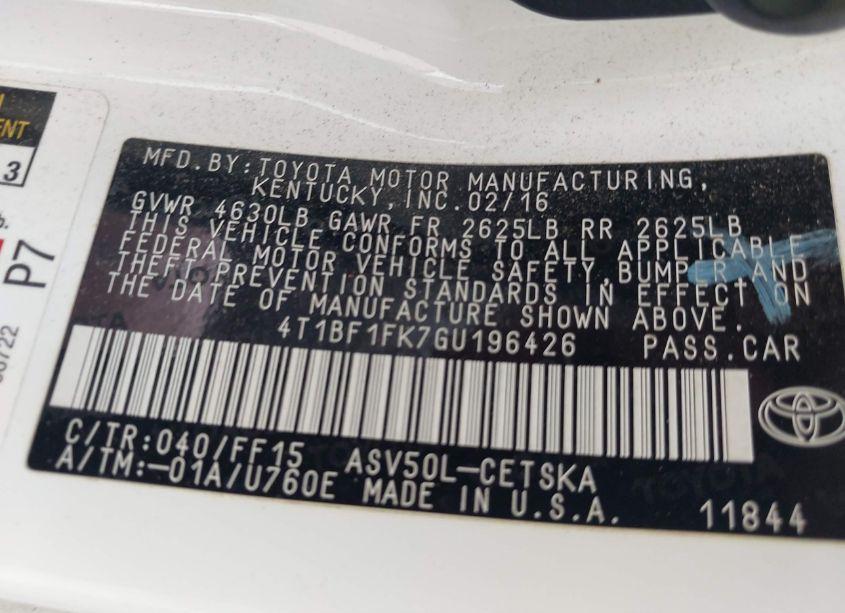 Photo 9 of 2016 Toyota Camry SE (VIN 4T1BF1FK7GU196426)