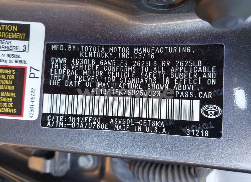 Photo 9 of 2016 Toyota Camry SE (VIN 4T1BF1FK7GU250033)
