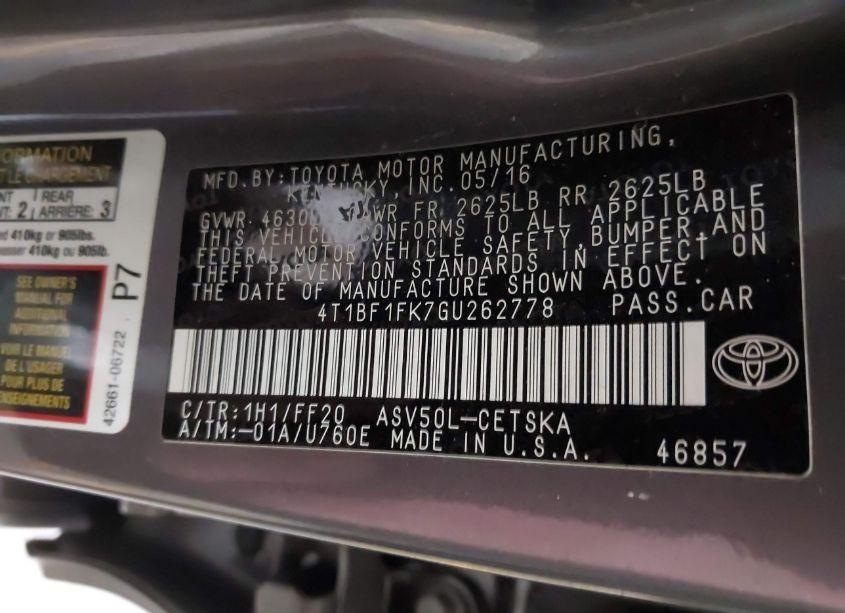 Photo 9 of 2016 Toyota Camry SE (VIN 4T1BF1FK7GU262778)