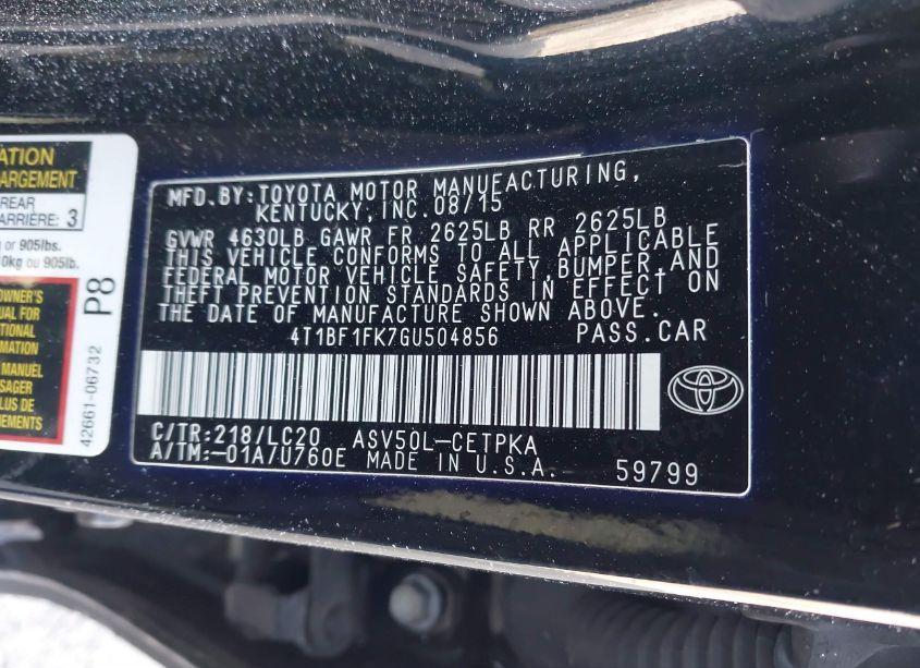 Photo 9 of 2016 Toyota Camry XSE (VIN 4T1BF1FK7GU504856)