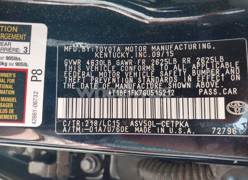 Photo 9 of 2016 Toyota Camry XSE (VIN 4T1BF1FK7GU515212)