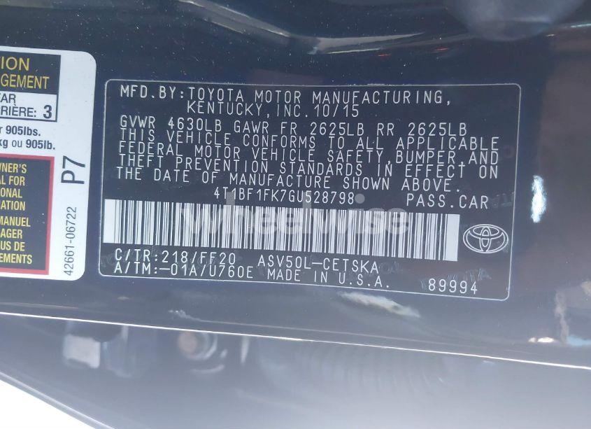 Photo 9 of 2016 Toyota Camry SE (VIN 4T1BF1FK7GU528798)