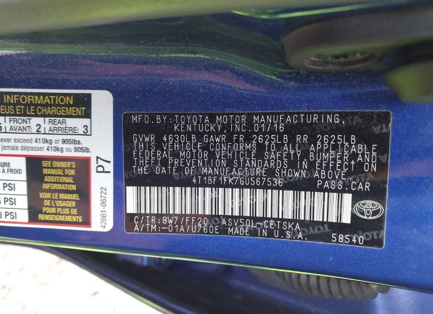 Photo 9 of 2016 Toyota Camry SE (VIN 4T1BF1FK7GU567536)