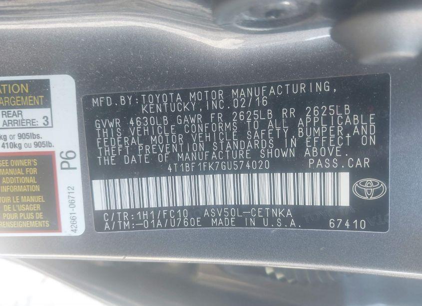 Photo 9 of 2016 Toyota Camry LE (VIN 4T1BF1FK7GU574020)