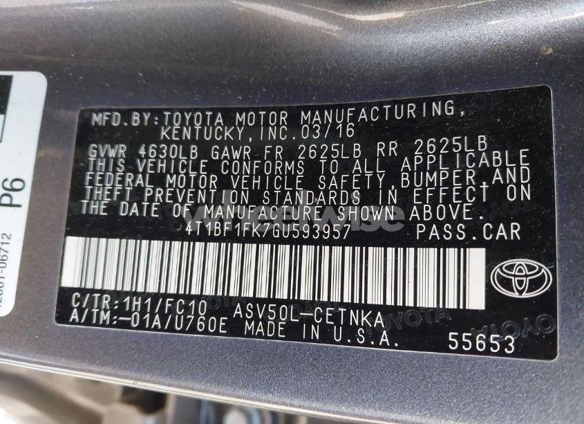 Photo 9 of 2016 Toyota Camry LE (VIN 4T1BF1FK7GU593957)