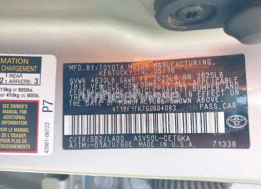 Photo 9 of 2016 Toyota Camry XLE (VIN 4T1BF1FK7GU604083)