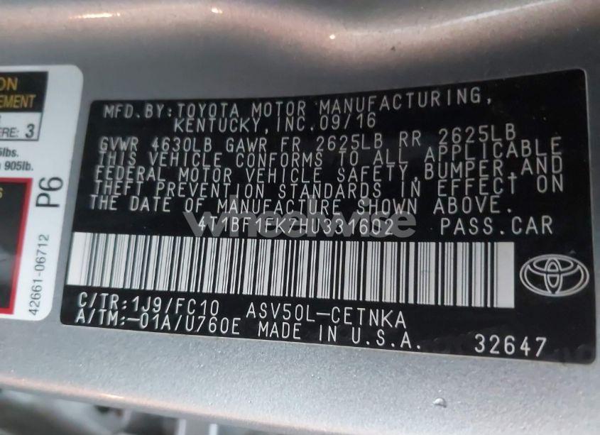 Photo 9 of 2017 Toyota Camry LE (VIN 4T1BF1FK7HU331602)