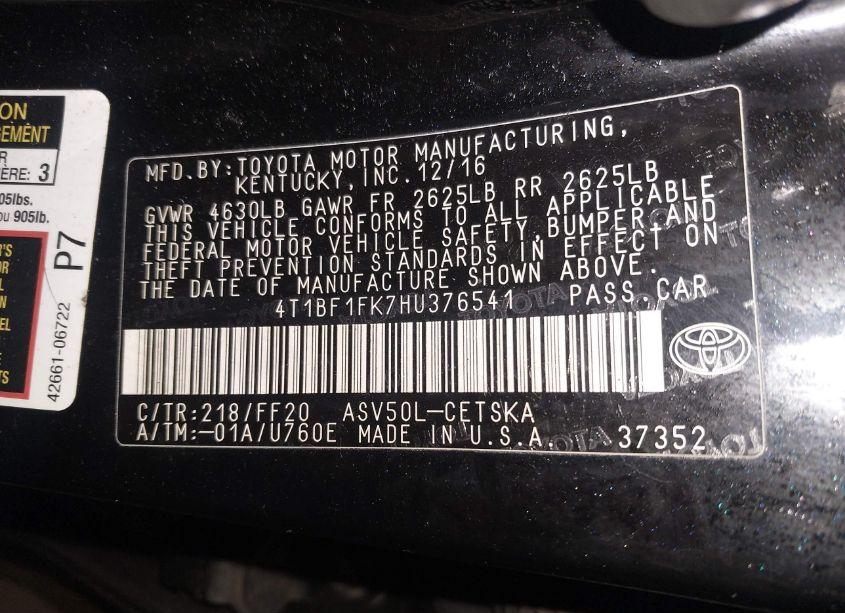 Photo 9 of 2017 Toyota Camry SE (VIN 4T1BF1FK7HU376541)